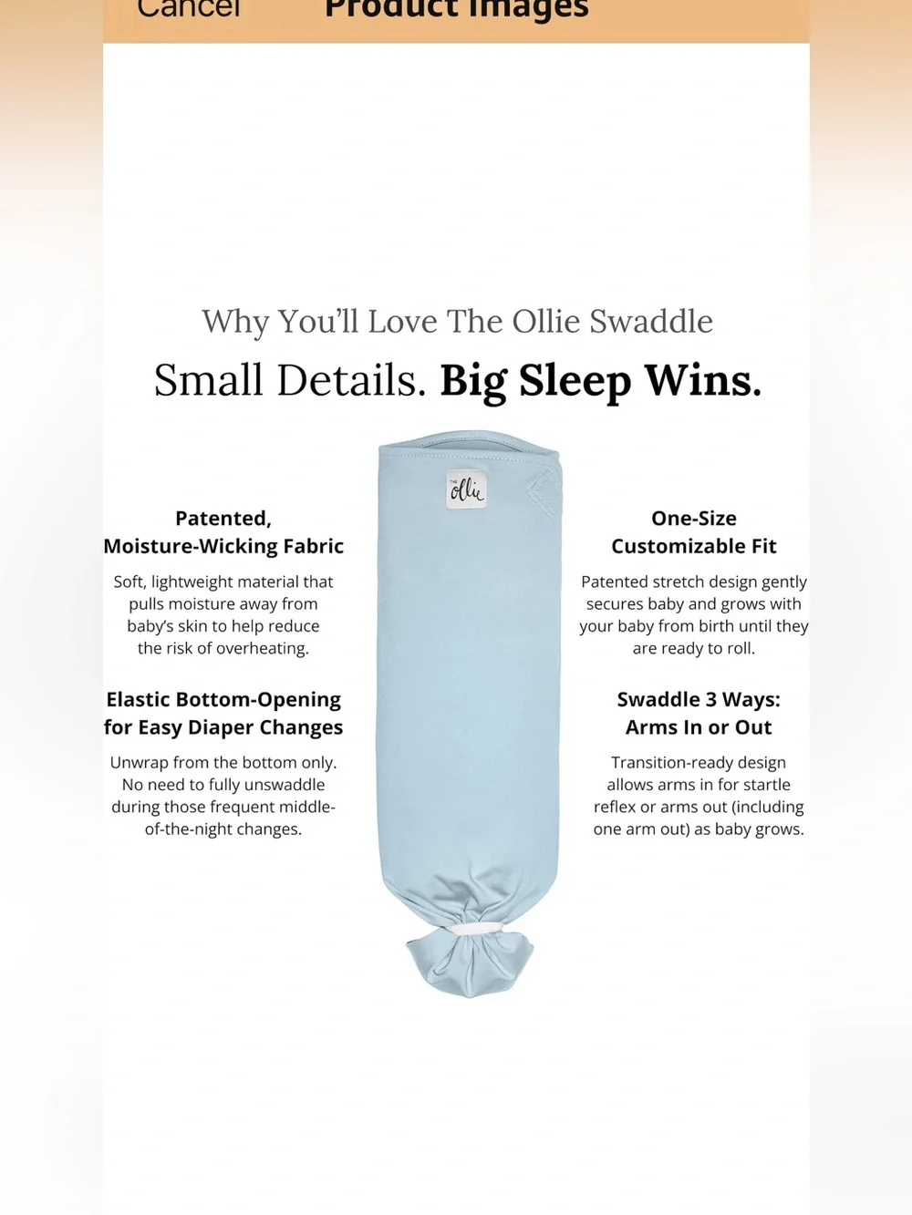 The Ollie Adjustable Swaddle For Newborns. Color: Sky. NEW IN OPEN BOX